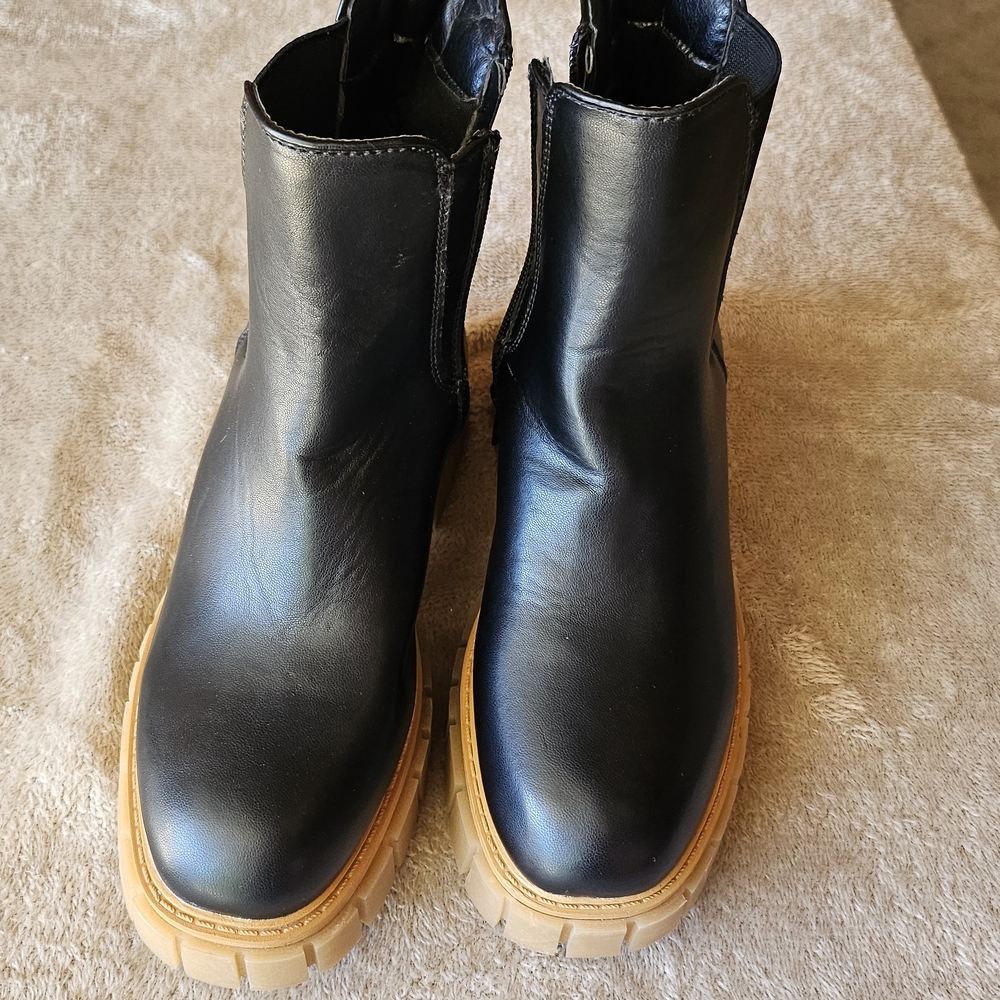 Black Leather Ankle Boots with Tan Soles